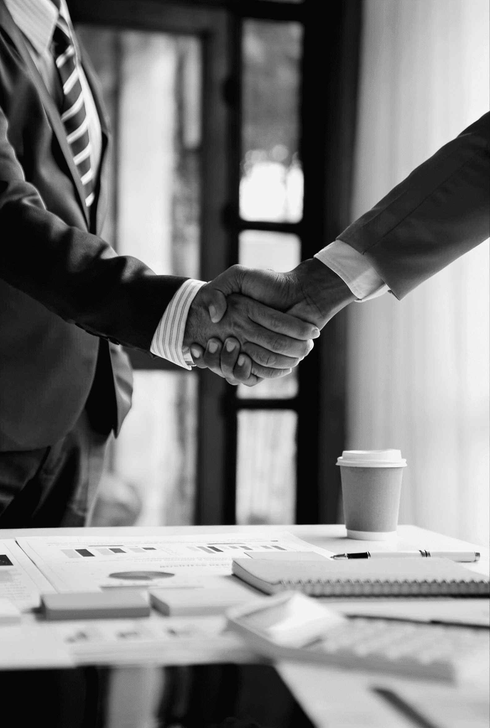 Professional handshake during institutional advisory meeting