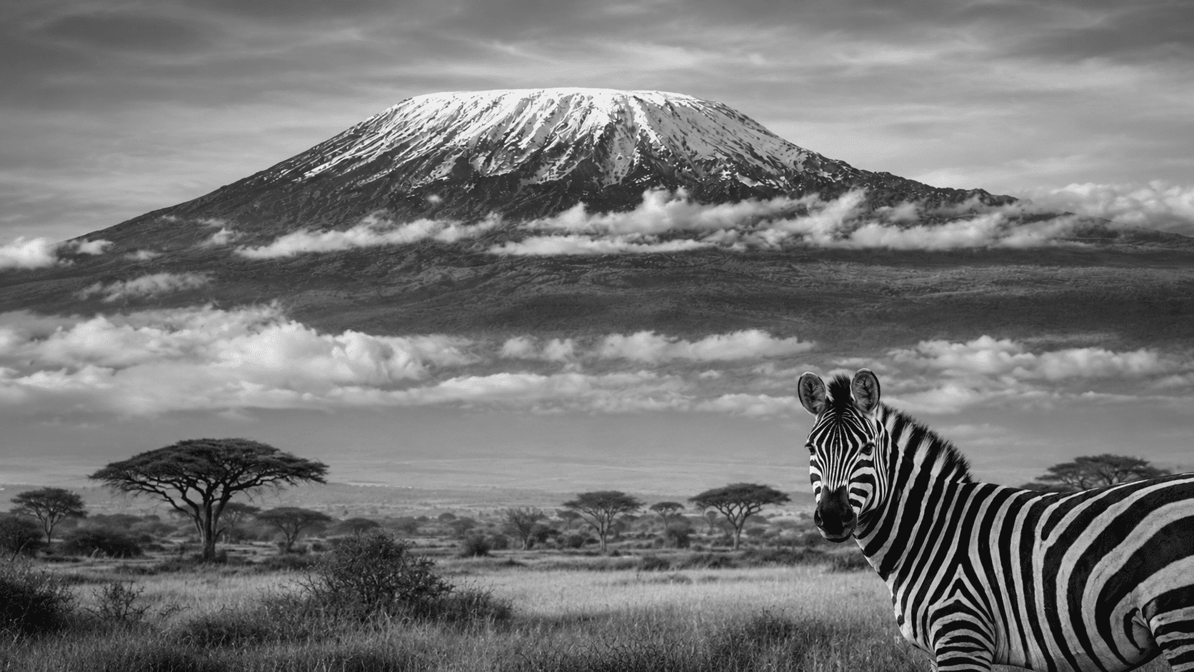 Black and white African savanna landscape with mountain and zebra